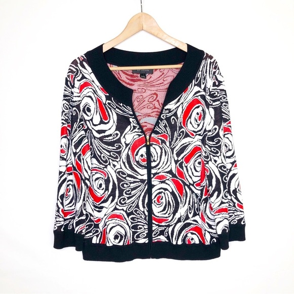 St John Red and black with white rose zip front cardigan - Picture 1 of 9